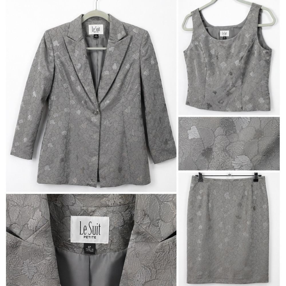 Le‎ Suit Petite 3-Piece Skirt Suit Set Gray Jacquard  6P Church Career Modest